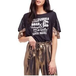 NWT Free People Black California Graphic Tee Size XS Rocker Moto Boho